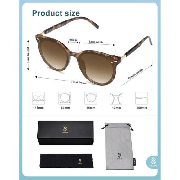 ⚡SOJOS Womens Black Tortoise Frame Round Retro Vintage Large Frame Sunglasses - Picture 5 of 5